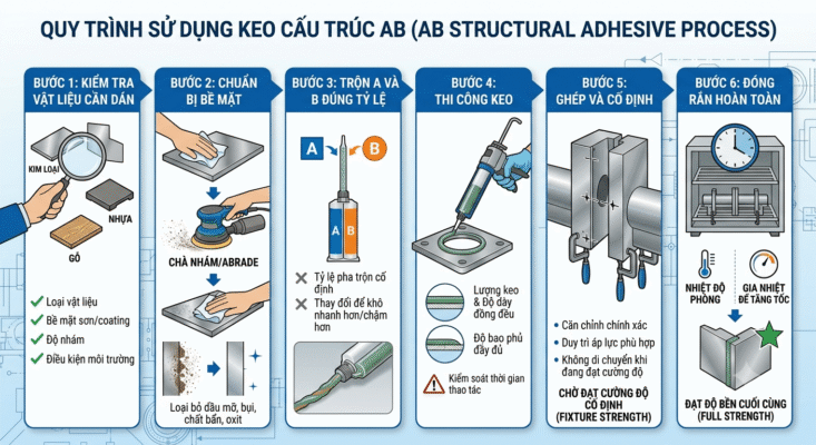Keo Cấu Trúc AB là gì? Đặc điểm, phân loại, ứng dụng và cách sử dụng 1 Quy trình sử dụng keo cấu trúc AB